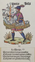 Gatuhandlare som säljer glasvaror, från Cris de Paris, ca 1515 (färgad trästick)