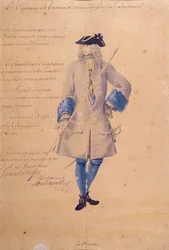 Studie av uniformen för en marin stationerad i Le Havre, 1718 (penna, kroppsfärg och wc på brunt papper)
