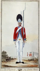 SwissGuard. Plåt 16 i ””Kompendium av militäruniformer för franska trupper under Ludvig XVI”” Litografi från 1779. Mått 0,23x0,16 m. Paris, Armémuseet