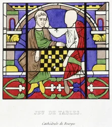 Bordsspel. Faksimil av ett målat glas från medeltiden i "Histoire de la peinture sur verre"" av Ferdinand de Lasteyrie