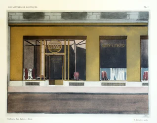 Skräddare, skylt 7, illustration från Devantures de Boutiques av Louis-Pierre Sezille, Paris, 1927