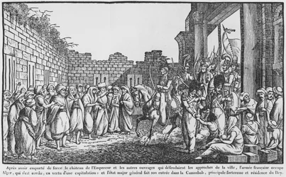 Intagande av Alger, fransk armé på väg in i kasbahen, illustration från en populär almanacka, 1831