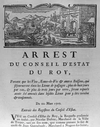 Skattekontoret vid ingången till en stad för viner och sprit, dekret av statsrådet 22 mars 1707, från registret för statsrådet i Paris, 1739 (se 163952 för