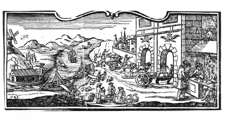 Skattekontoret vid ingången till en stad för viner och sprit, dekret av statsrådet 22 mars 1707, från registret för statsrådet i Paris, 1739 (detalj) (se en