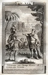 Att Telemaque är på Champs Elisees känns igen av Arcesius - gravyr från 1798 efter Monnet i "Les Aventures de Telemaque, fils d