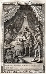 Telemaque tar hand om Phalantes sår och ger honom sin brors aska - gravyr från 1798 efter Monnet i "Les Aventures de Telemaque, fils d