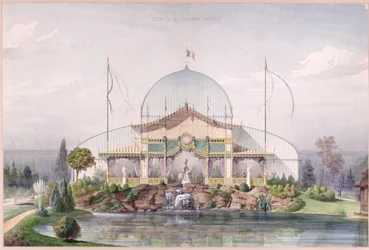 Tält och stort växthus i trädgården vid världsutställningen i Paris 1867 (akvarell på papper)