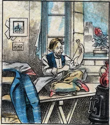 Textil, linne. Sytråd skuren i härvor. Gravyr. Epinal avbildning sent 1800-tal.