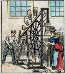 Textil, linne. Jordbearbetning av lin för att få halmen att falla med hjälp av kvarnarna och på så sätt erhålla filassen. Gravyr. Epinal avbildning sent 1800-tal.