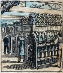 Textil, linne: verkstaden. Förvandla banden till borrar och sedan till trådar med hjälp av spinnande metiers. Gravyr. Epinal avbildning sent 1800-tal.