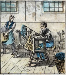 Textil, linne: verkstad. Sytråden läggs ut på kort eller rullar i en boll. Gravyr. Epinal avbildning sent 1800-tal.