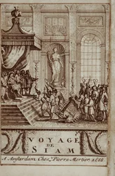 Thailändska ambassadörer mottogs i Paris av Ludvig XIV, frontispice till Journey to Siam av Guy Tachard, 1688