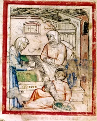Thamar (Tamar) föder två tvillingar, Perets och Zerah, Judas son, miniatyr från codex 212 (eller padovano codice eller Bible of Padua) 1390-1400