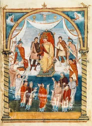 Abboten Vivian omgiven av munkar från St Martin av Tours som presenterar boken för Karl II den skallige, 900-talet (miniatyr)