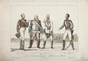 De allierade suveränerna i Paris, 1815, Alexander I, kejsare av Ryssland, Ludvig XVIII, kung av Frankrike, Francis I, kejsare av Österrike och Fredrik Vilhelm III, kung av Preussen, utgiven av Martinet, 1815