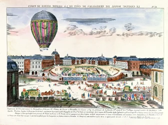 Francois Pilatre de Roziers (1754-96) ballongresa över Chateau de Versailles, 23 juni 1784
