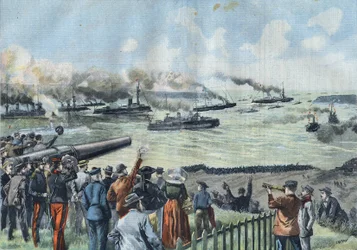 Den baltiska skvadronen lämnar hamnen i Brest. "Montcalm", med den franska republikens president Emile Loubet