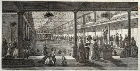 The Baths at Hotel Lambert, Ile Saint-Louis, Paris, mitten av 1800-talet - Hotel Lambert, Ile Saint-Louis, simskola för damer - Bain Lambert - - Gravyr i "Tableau-de-Paris" av Edmond Texier 1852