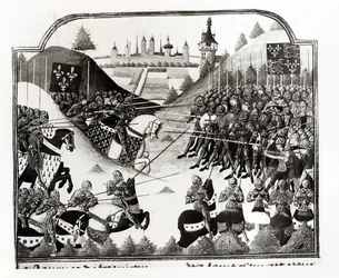 Slaget vid Fromigny, 14 april 1450, fr 2691 fol. 183, från Chronique de Charles VII av Jean Chartier