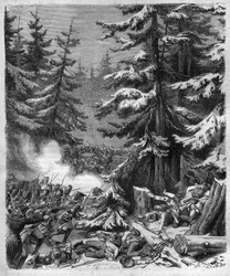 Slaget vid Hohenlinden (nära München, Tyskland) den 12 Frimaire, IX (3 december 1800) mellan de franska trupperna av general Jean Victor (Jean-Victor) Moreau och de österrikiska och bayerska styrkorna under befäl av ärkehertig Jean-Baptiste (Jean-Baptiste)