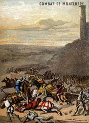 Slaget vid Montlhery (1227): Kungadömena och feodaliten - Blanche de Castille, regente för sin son Ludvig IX, var den stora feodalens revolt. Chromolithography of the Series "" Patriotic Education through Image"".
