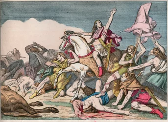 Slaget vid Tolbiac, Clovis seger (466-511) över Alamanerna (496) - Clovis I (466-511) vid slaget vid Tolbiac, 496 AD - Gravering av slutet av 1800-talet i "" Nos Gires Nationales - Bilder och reciter""