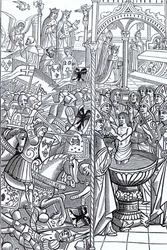 Slaget vid Tolbiac och Kung Clovis dop, från "Mirouer Historial de France", publicerad 1516