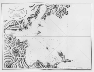 Castries-bukten, i raket av Tartary, från resplanen för La Pérouse