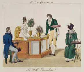 The Beautiful Lemonade seller, tallrik 98 från le Bon Genre, c.1810 (färggravyr)