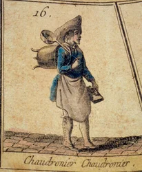 The Boilermaker Detalj av ett spel med gåsen av skriken och gamla metier i Paris. 1700-tals privatsamling