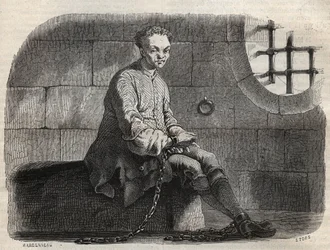 Brigand Louis Dominique Garthausen dit patron (1693-1721) i fängelse - Gravering i "" Causes celebres de tous les peuple"" av Armand Fouquier (1817-18?) 1858-1867 - privat samling
