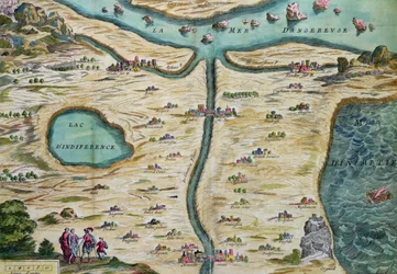Carte du Tendre, en karta över ett imaginärt land, från volym II av Clelie skriven av Mademoiselle de Scudery, graverad av Francois Chauveau (1613-76) 1656