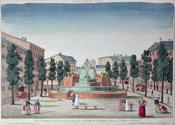 Chateau dEau-fontänen på Boulevard du Temple, Paris (färggravyr)