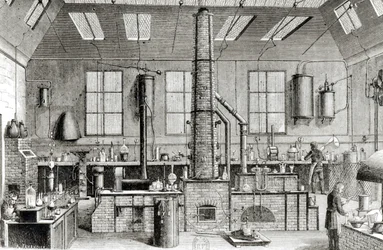 Kemilaboratoriet vid en skola i Paris, från Almanach du Magasin Pittoresque, 1870