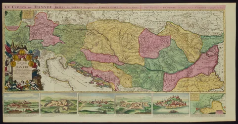 Donaus lopp från dess källa till munnen, baserad på de senaste minnena av P. Coroneli och S. Sanson, geograf till kungen (färg litho)