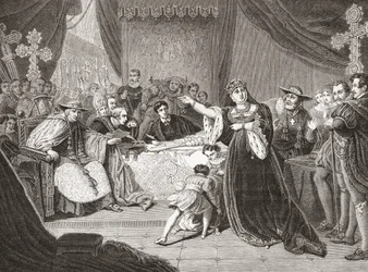 Court for the Trial of Queen Katharine av George Henry Harlow, avbildande Mrs. Siddons som drottning Katharine i Shakespeares Henry VIII. Från Histoire des Peintres, École Anglaise, publicerad 1867 (litho)
