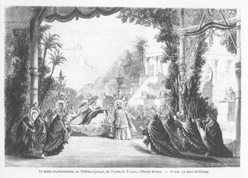 The Death of Dido, första föreställning av Les Troyens av Hector Berlioz (1803-69) på Theatre Lyrique, Paris, från Le Monde Illustre, 14 november 1863