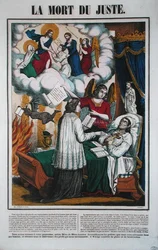 Den rättvisa mannens död och ängeln som tar honom till himlen, mitten av 1800-talet (färg litho)
