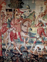 Den förlorade sonens avfärd. Vävnad av ull och siden tillverkad i Tournai omkring 1520. Paris, Nationella medeltidsmuseet, Thermes de Cluny