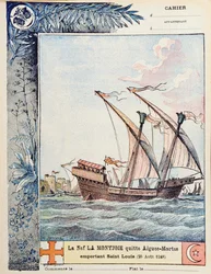 Saint Louis avgång i sitt skepp Montjoie från Aigues-Mortes den 25 augusti 1248, omslagsillustration av en skolskrivbok, ca 1900