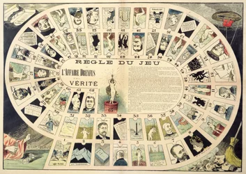 The Dreyfus Affair Game, med porträtt av de olika inblandade individerna, sent 1800-tal