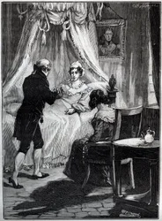 Hertiginnan av Berry (Marie Caroline, prinsessan av de två Sicilierna, hertiginnan av Berry (1798-1870) vid fästningen Blay tar emot doktor Louis Charles Deneux (1767-1846) - Gravyr -