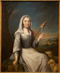 Hertiginnan av Villars (?) i en bergere med en starr. Fransk målning, olja på duk, 80 x 63,6 cm, 1700-talets första hälft. Musee de Tesse, Le Mans.