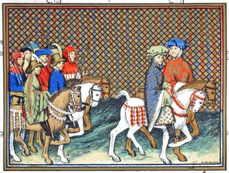 Hertigarna av Exeter och Surrey skickade av Richard II från Conway castle till Chester för att behandla med hertigen av Lancaster, faksimilkopia från Le Prinse et Mort du Roy Richart av Jean Creton, omtryckt 19:e