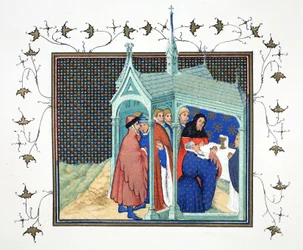 Jarlen av Northumberland vid högmässa i kapellet på Conway Castle avlägger sin förrädiska och ödesdigra ed, faksimilkopia från Le Prinse et Mort du Roy Richart av Jean Creton, omtryckt 1800-talet