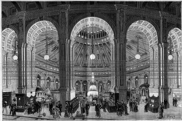 Electricite Exhibition i Wien (Österrike), en översikt över den stora rotundan upplyst av elektriskt ljus. Gravyr i "" Nature. Granskning av vetenskap och dess tillämpningar på konst och industri. 1884.