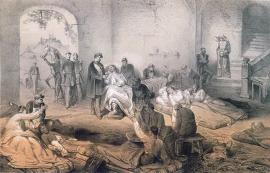 Kejsar Napoleon III besökte skadade soldater efter slaget vid Solferino, 24 juni 1859