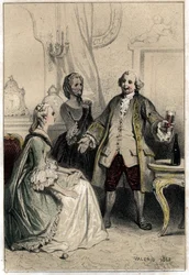 Den engelske komikern David Garrick (1717-1779), förklädd till tränare, brast in i en hertiginna som var ivrig efter honom för att försöka resonera henne och övertyga henne om det absurda i hennes kärlek till honom. Plate hämtad från "Scenes de la vie des 