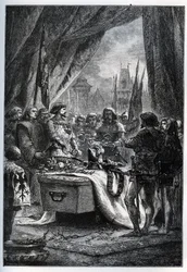 Den engelske guvernören i Chateauneuf de Randon (Chateauneuf-de-Randon, Auvergne) kapitulerade och kom att lägga nycklarna till torget på Bertrand du Guesclins kista (1320-1380), den 13 juli 1380, framför vilken staden låg. belägring. Le connetable die