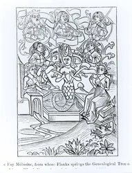 Fay Melusine, från vars flanker utspringer det genealogiska trädet av kungar och kejsare, illustration från vetenskap och litteratur under medeltiden och renässansen, skriven och graverad av Paul Lace
